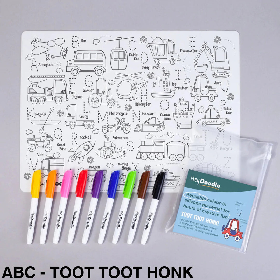 Hey Doodle Reusable Colouring-In Silicone Placemats Abc - Toot Honk