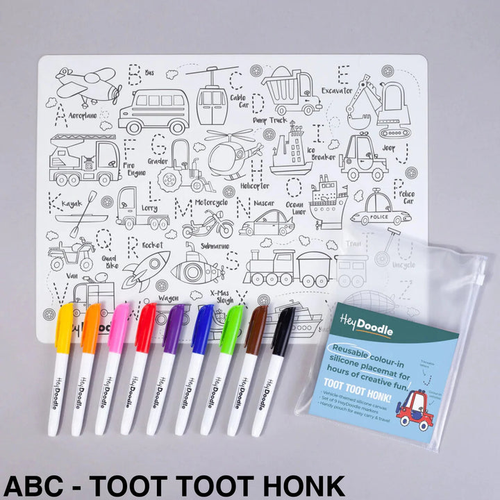 Hey Doodle Reusable Colouring-In Silicone Placemats Abc - Toot Honk