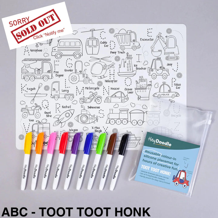 Hey Doodle Reusable Colouring-In Silicone Placemats Abc - Toot Honk
