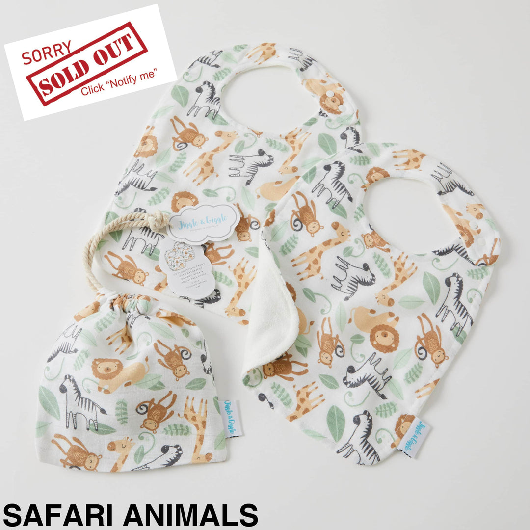 Jiggle And Giggle Muslin Bibs - 2 Pack Safari Animals