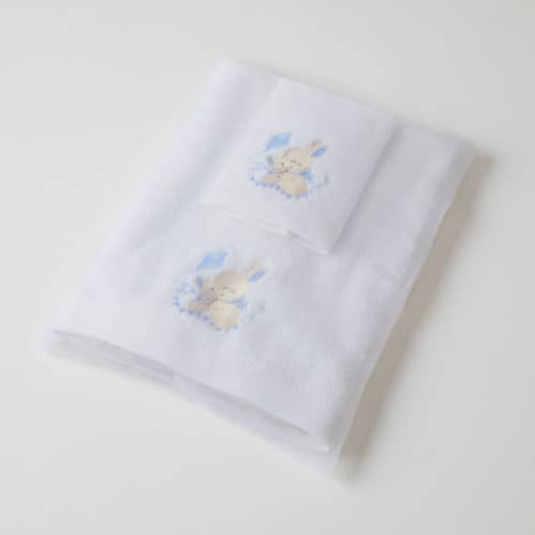 Embroidered Baby Towel & Face Washer Gift Set Blue Bunny