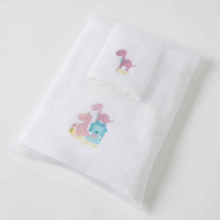Embroidered Baby Towel & Face Washer Gift Set Pink Dino