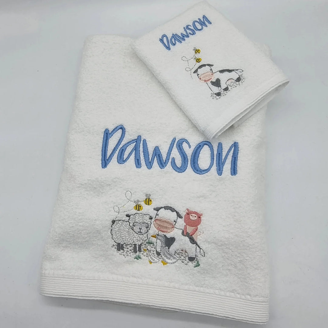 Embroidered Baby Towel & Face Washer Gift Set Farm Animals