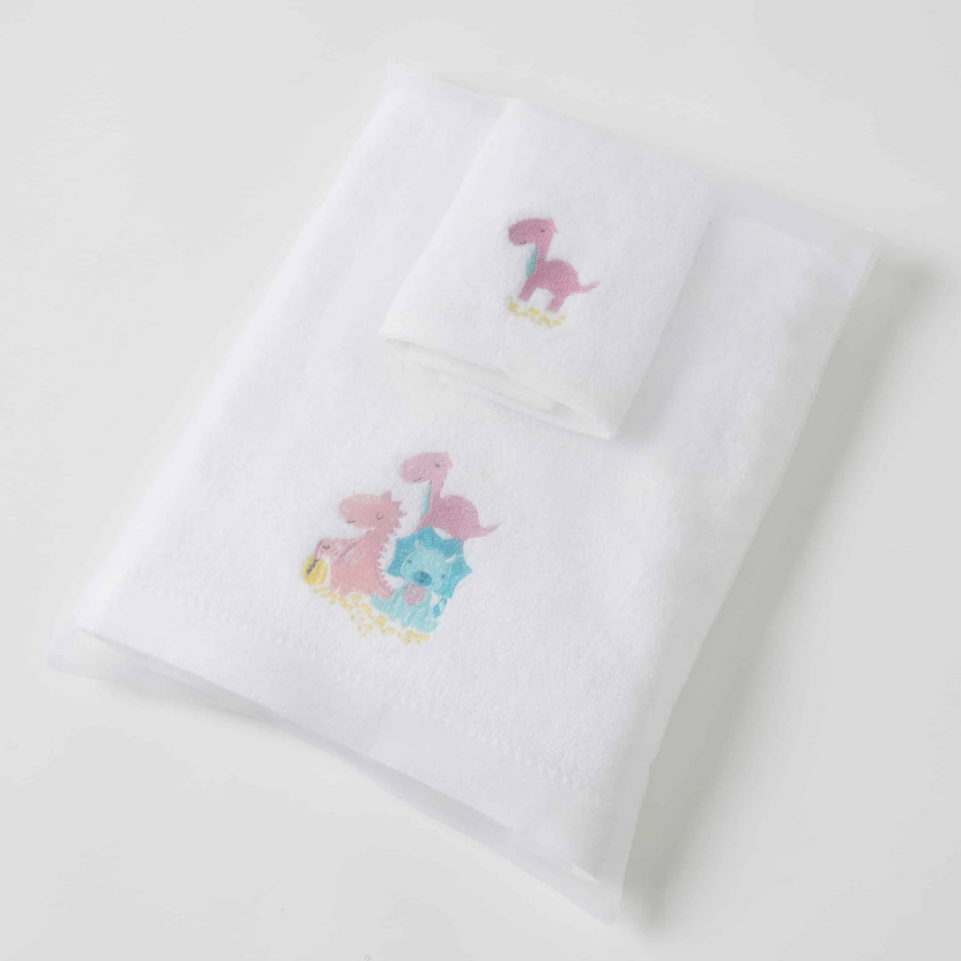Embroidered Baby Towel & Face Washer Gift Set Pink Dino