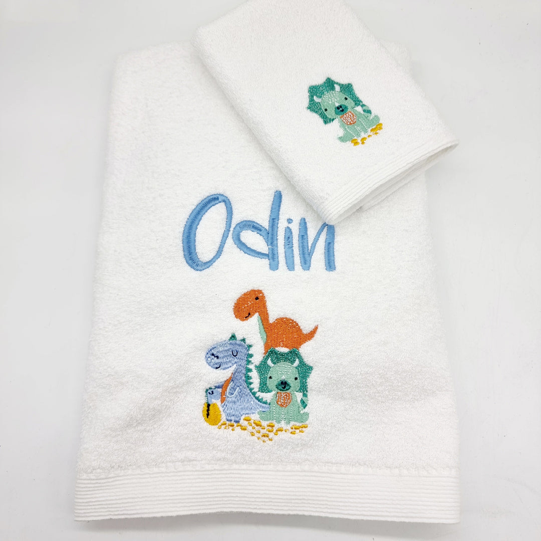 Embroidered Baby Towel & Face Washer Gift Set Dino Family