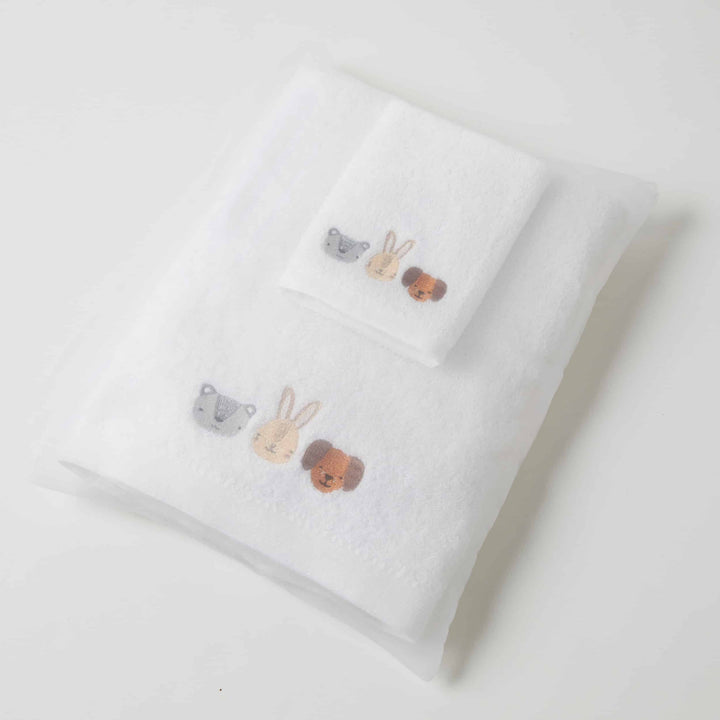 Embroidered Baby Towel & Face Washer Gift Set Animal Faces