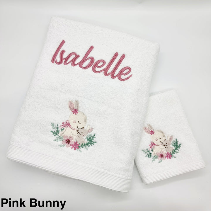 Embroidered Baby Towel & Face Washer Gift Set Pink Bunny