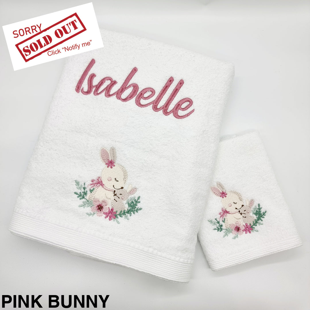 Embroidered Baby Towel & Face Washer Gift Set Pink Bunny