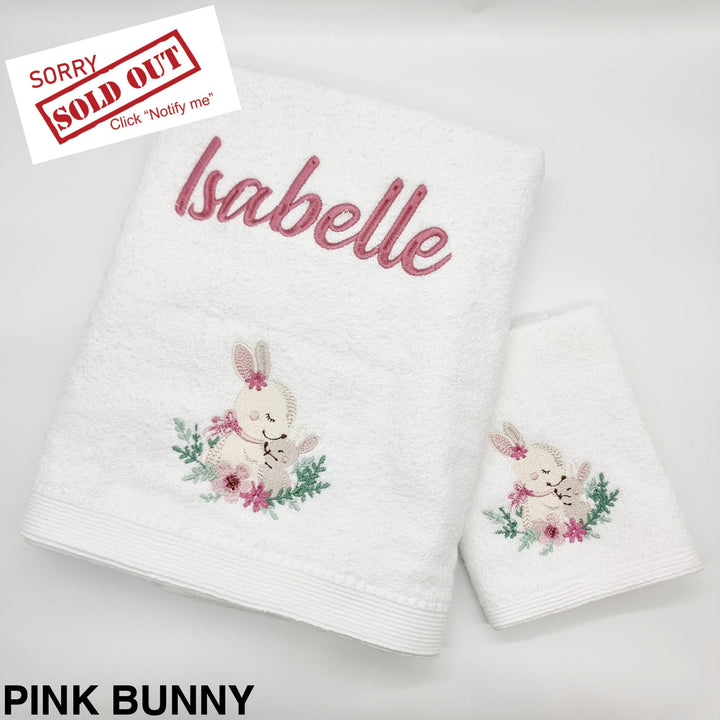 Embroidered Baby Towel & Face Washer Gift Set Pink Bunny