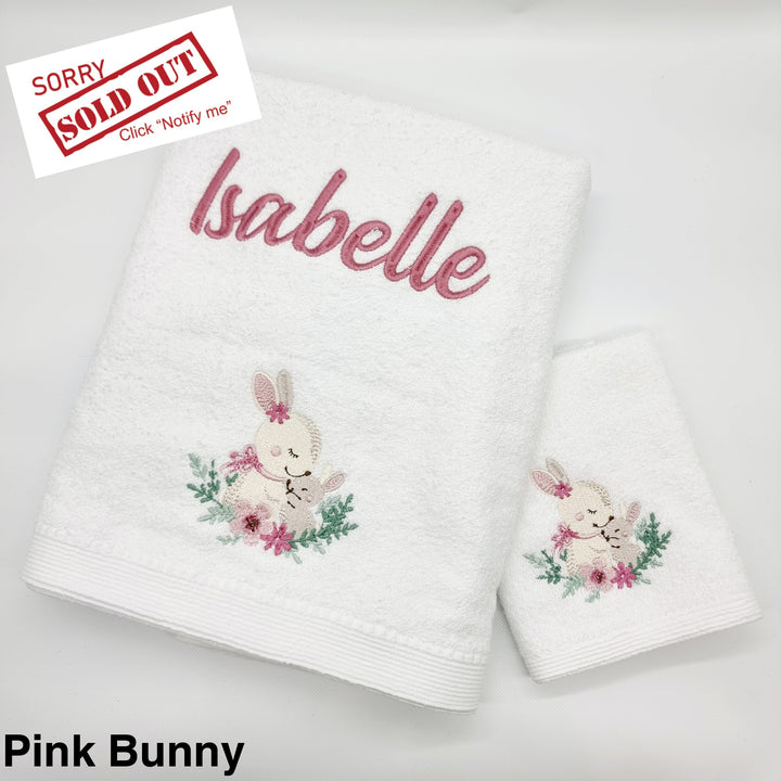 Embroidered Baby Towel & Face Washer Gift Set Pink Bunny