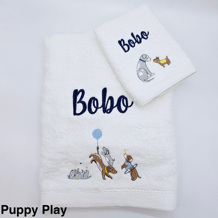 Embroidered Baby Towel & Face Washer Gift Set Puppy Play