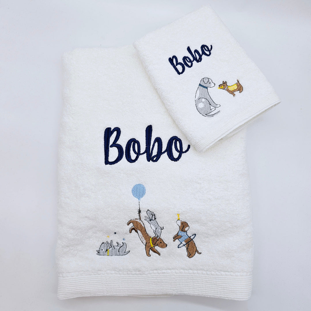 Embroidered Baby Towel & Face Washer Gift Set Puppy Play