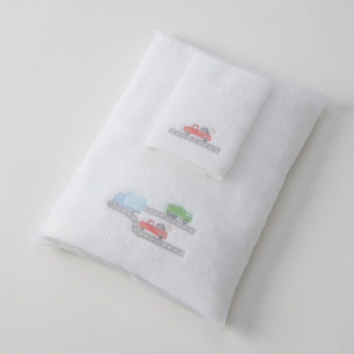 Jiggle & Giggle Embroidered Baby Towel & Face Washer Gift Set Trucking Along