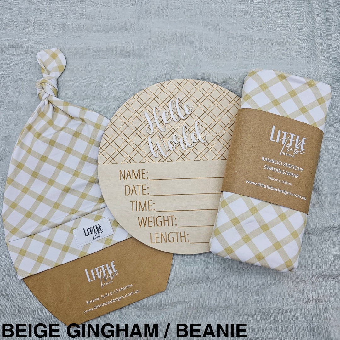 Little Tribe Designs Birth Announcement Set Beige Gingham / Beanie