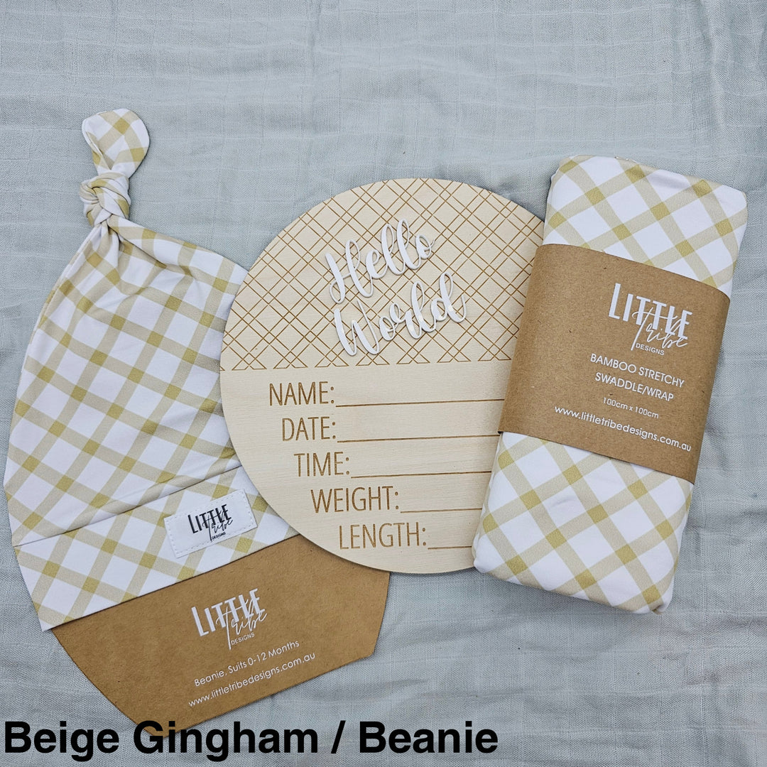 Little Tribe Designs Birth Announcement Set Beige Gingham / Beanie
