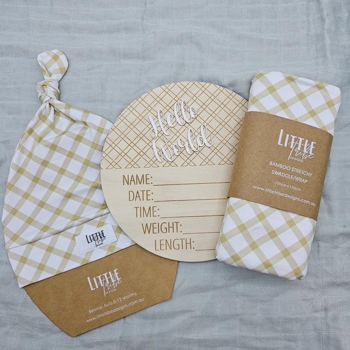 Little Tribe Designs Birth Announcement Set Beige Gingham / Beanie