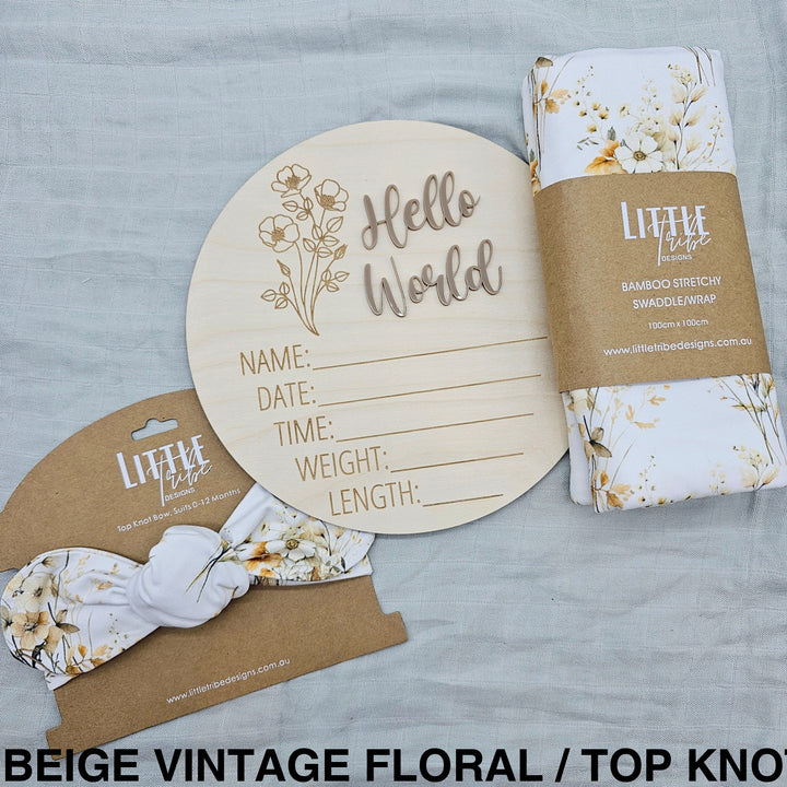 Little Tribe Designs Birth Announcement Set Beige Vintage Floral / Beanie