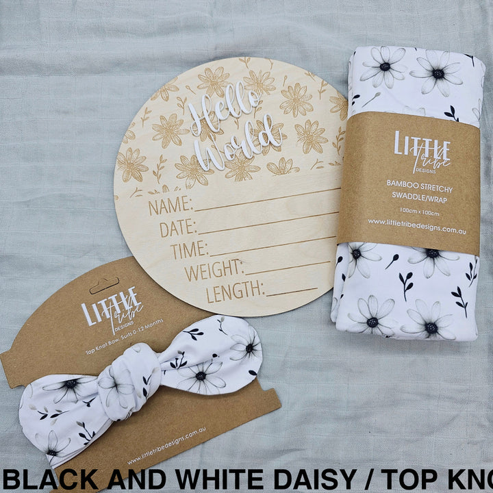 Little Tribe Designs Birth Announcement Set Black And White Daisy / Beanie