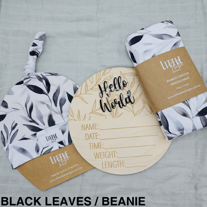 Little Tribe Designs Birth Announcement Set Black Leaves / Beanie