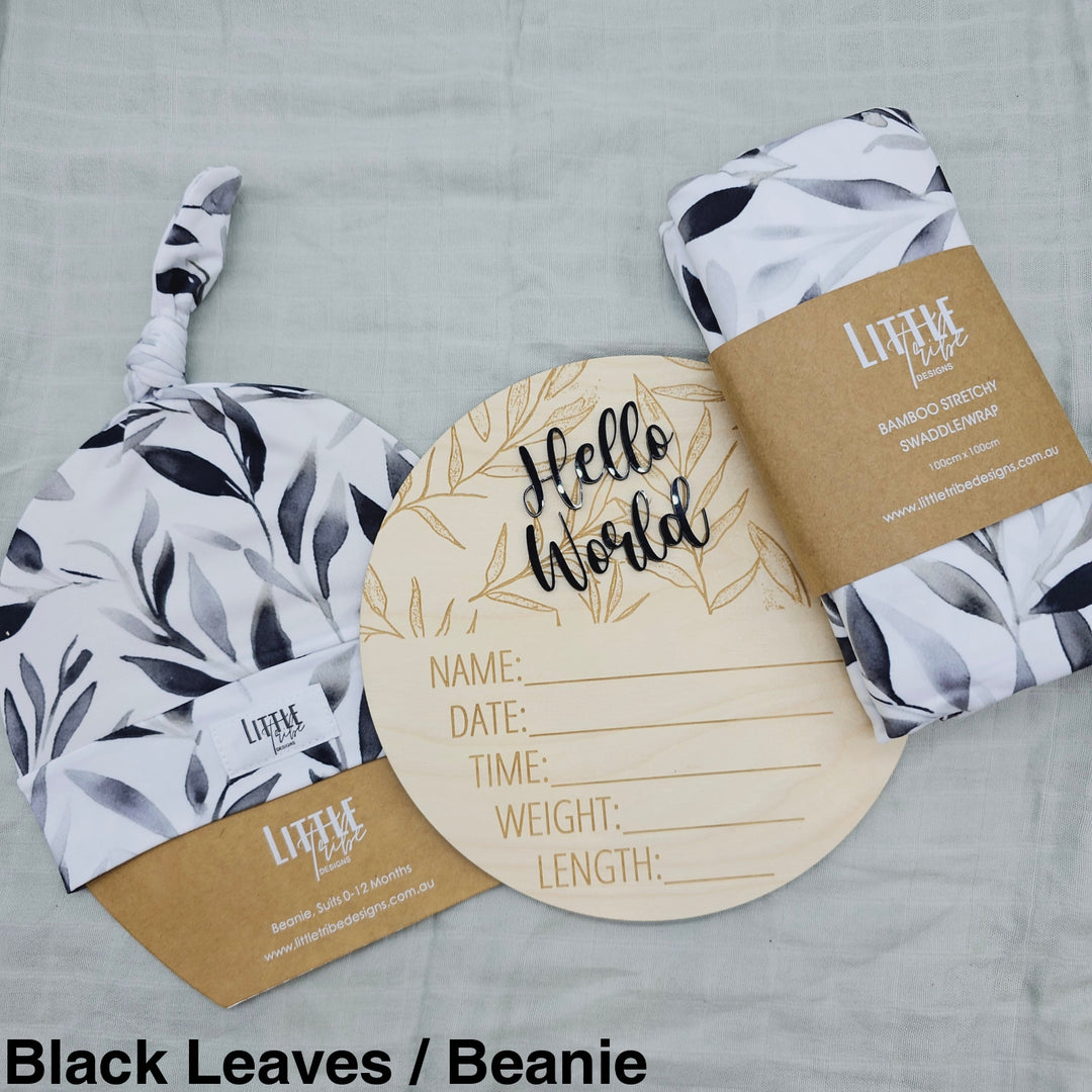 Little Tribe Designs Birth Announcement Set Black Leaves / Beanie