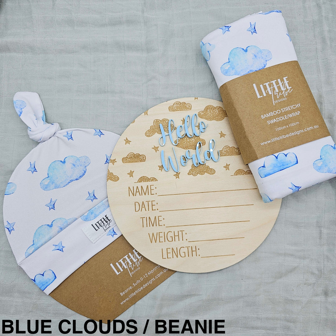 Little Tribe Designs Birth Announcement Set Blue Clouds / Beanie
