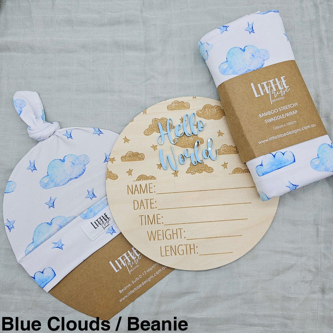 Little Tribe Designs Birth Announcement Set Blue Clouds / Beanie
