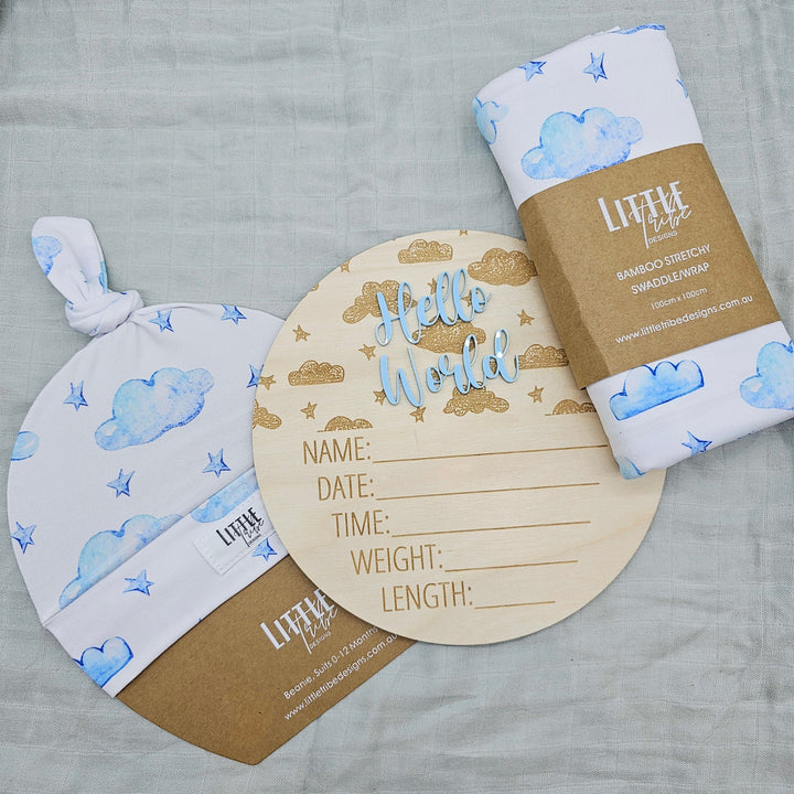 Little Tribe Designs Birth Announcement Set Blue Clouds / Beanie