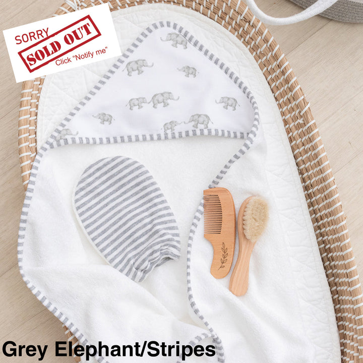Living Textiles 4 Piece Baby Bath Gift Set Grey Elephant/Stripes