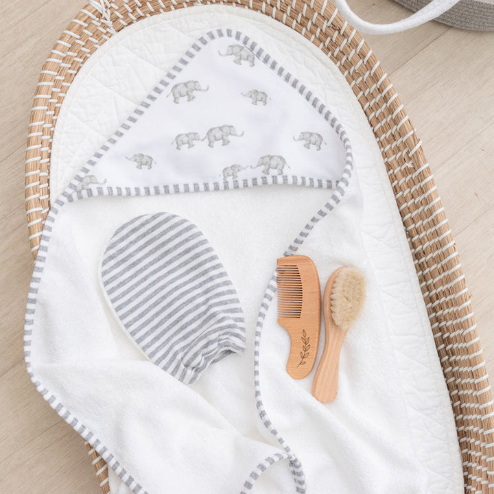 Living Textiles 4 Piece Baby Bath Gift Set Grey Elephant/Stripes