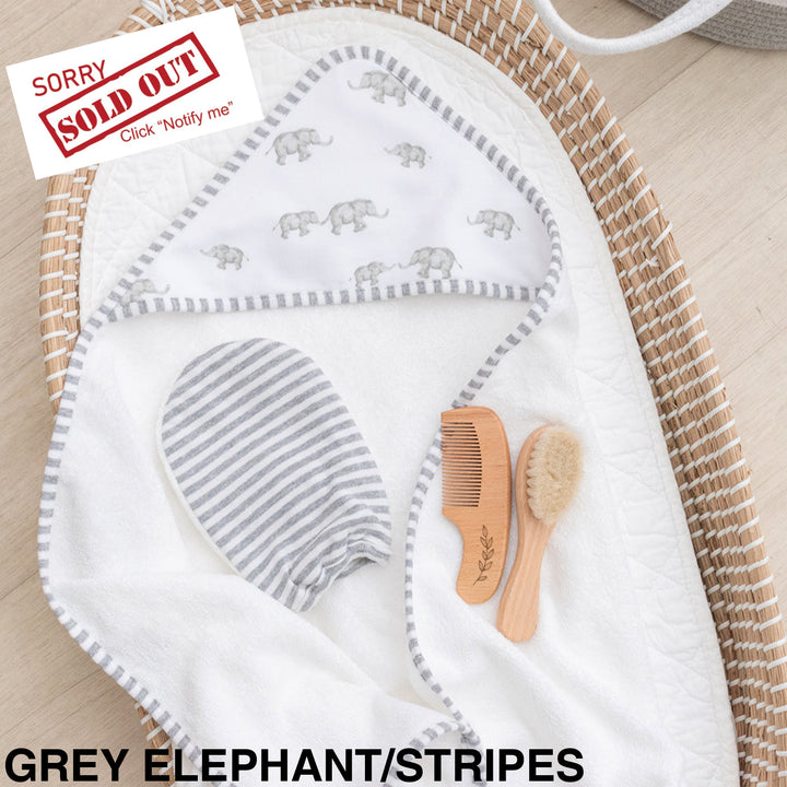 Living Textiles 4 Piece Baby Bath Gift Set Grey Elephant/Stripes