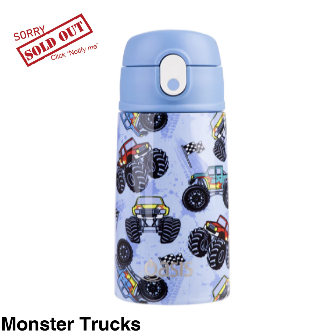 Oasis 400Ml Stainless Steel Insulated Bottle W/ Sipper Monster Trucks