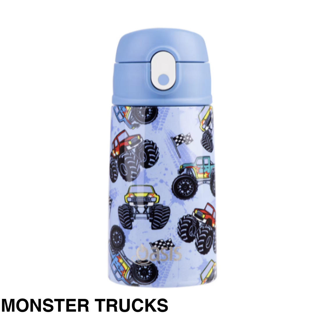 Oasis 400Ml Stainless Steel Insulated Bottle W/ Sipper Monster Trucks