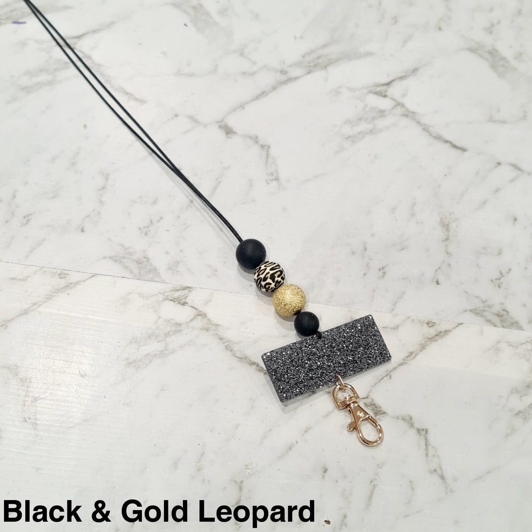 Personalised Beaded Lanyard Black & Gold Leopard