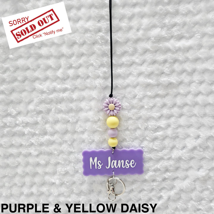Personalised Beaded Lanyard Purple & Yellow Daisy