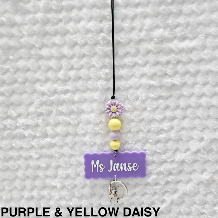 Personalised Beaded Lanyard Purple & Yellow Daisy