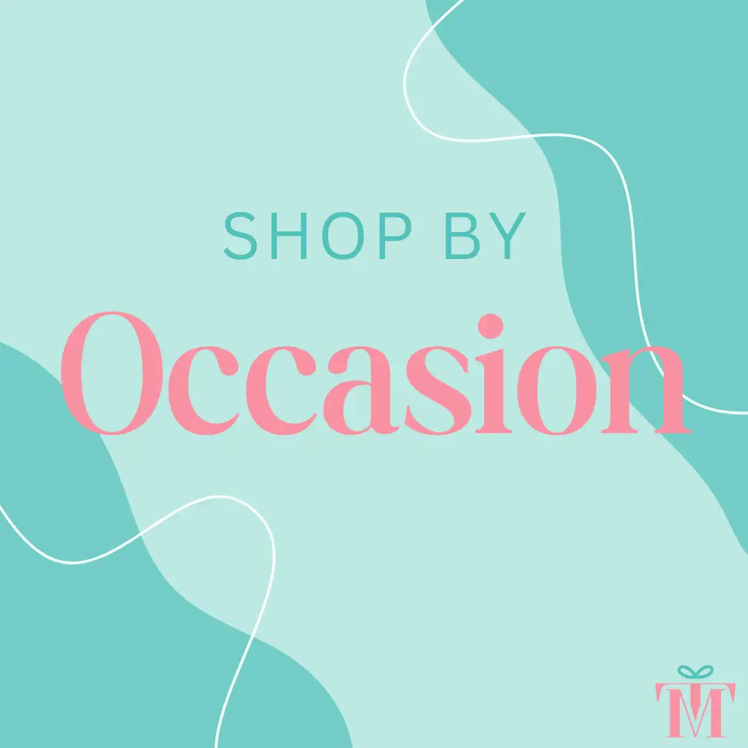 Pink ’shop by occasion’ text on a teal background.
