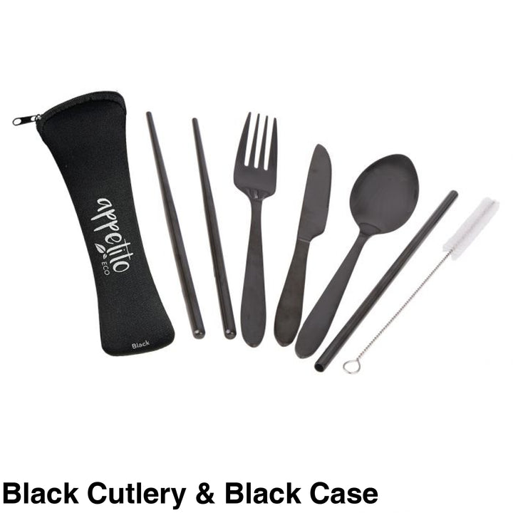 Reusable Stainless Steel Travel Cutlery Set Black & Case
