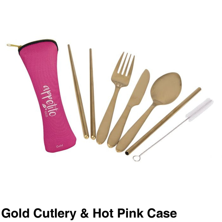 Reusable Stainless Steel Travel Cutlery Set Gold & Hot Pink Case