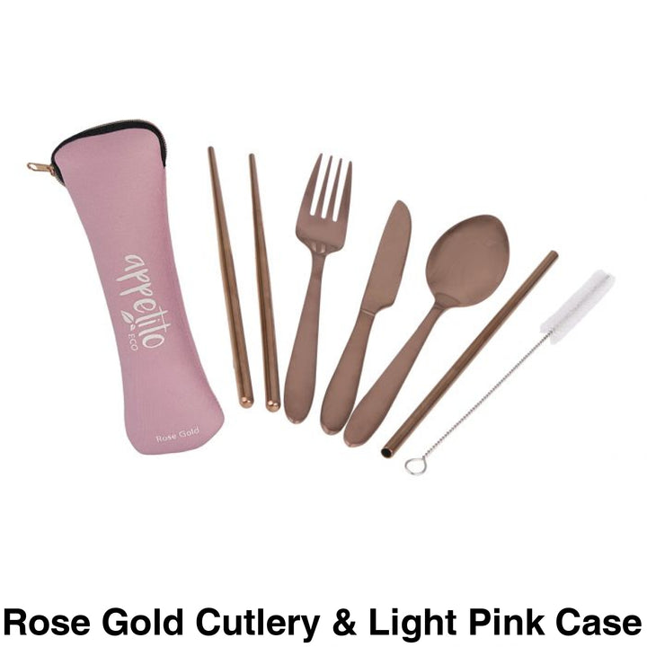 Reusable Stainless Steel Travel Cutlery Set Rose Gold & Light Pink Case