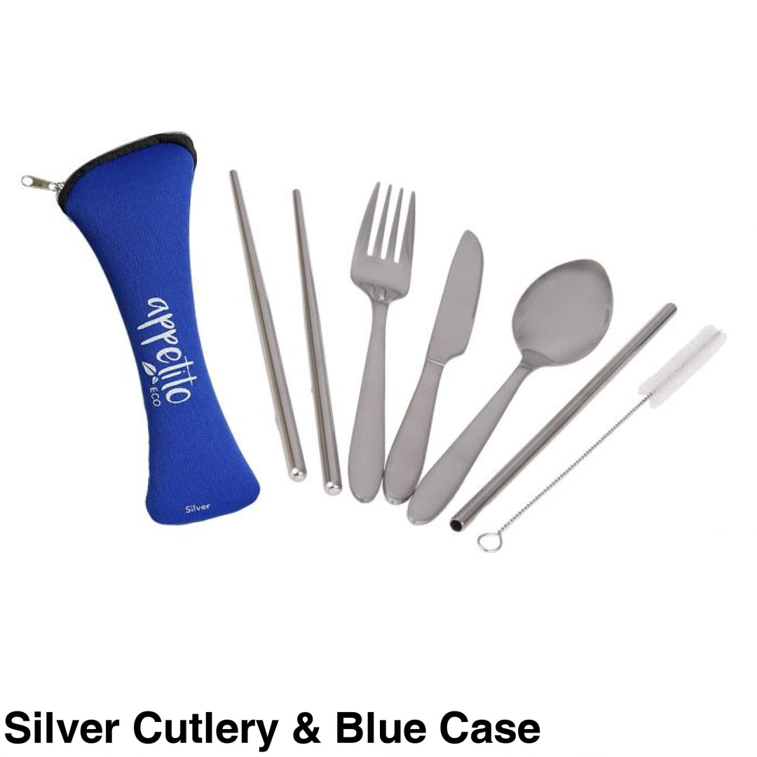 Reusable Stainless Steel Travel Cutlery Set Silver & Blue Case