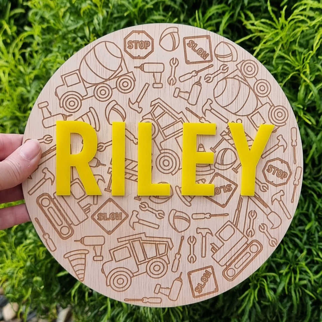 Construction Engraved Round Name Plaque