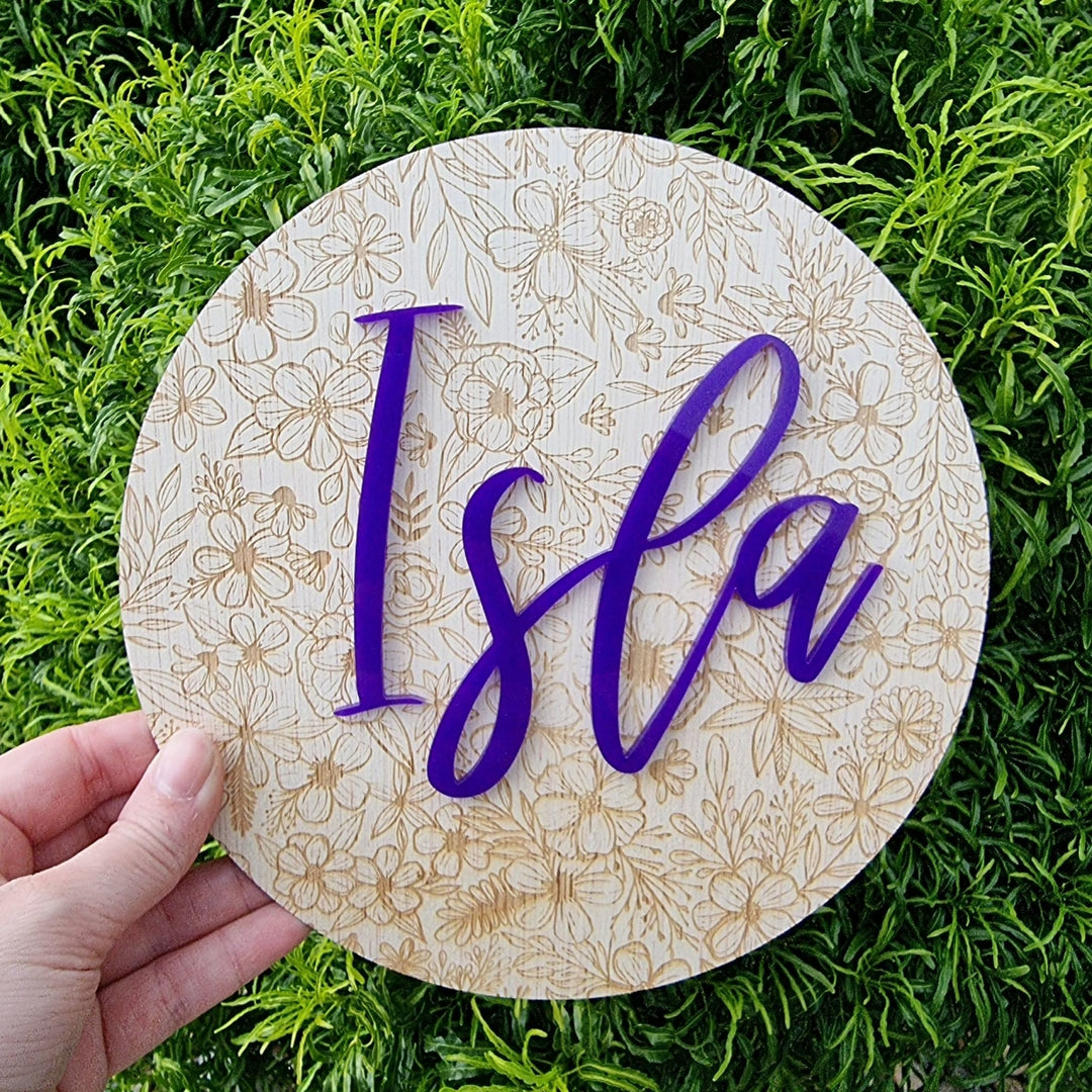 Full Floral Engraved Round Name Plaque