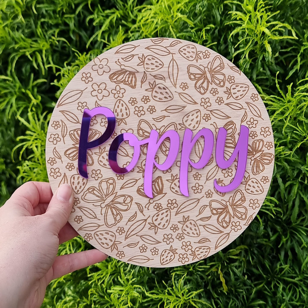 Strawberry Butterflies Engraved Round Name Plaque